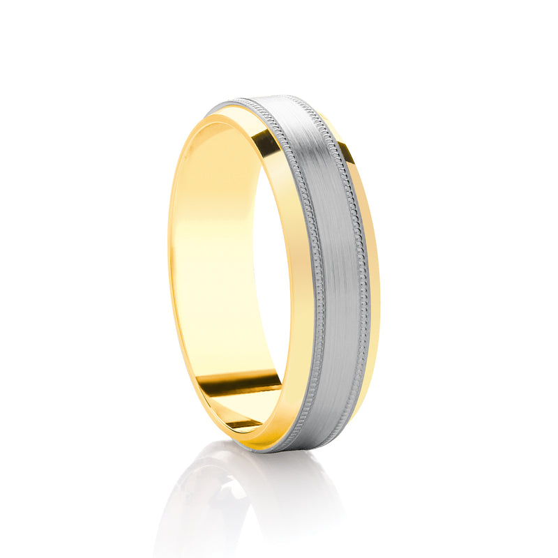 6mm Gents  Flat Court Band with a white gold brushed centre, Milgrain beaded detail and  yellow gold diamond cut bevelled edge wedding band 