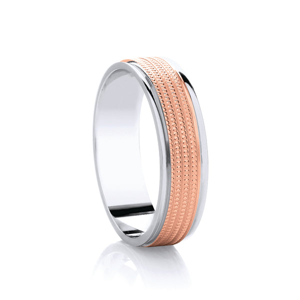 6mm Gents Traditional Court Two Tone 9ct White Gold and Rose Gold Wedding Band with A Milgrain Beaded design following the contours of the band