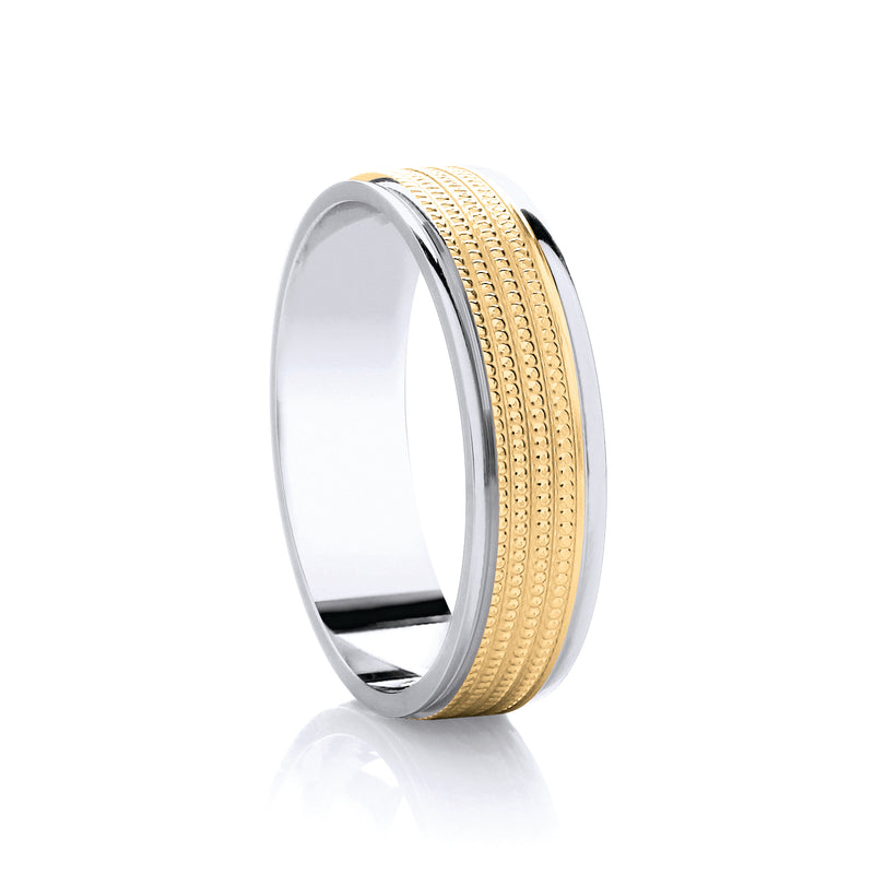 6mm Gents Traditional Court Two Tone 9ct White Gold and Yellow Gold Wedding Band with A Milgrain Beaded design following the contours of the band