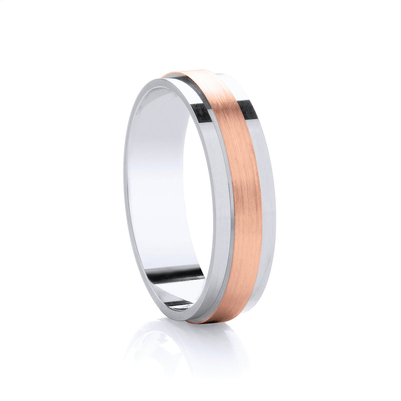 6mm Gents Flat Court Two Tone 9ct White Gold and Rose Gold Matt Brushed Finish Wedding Band