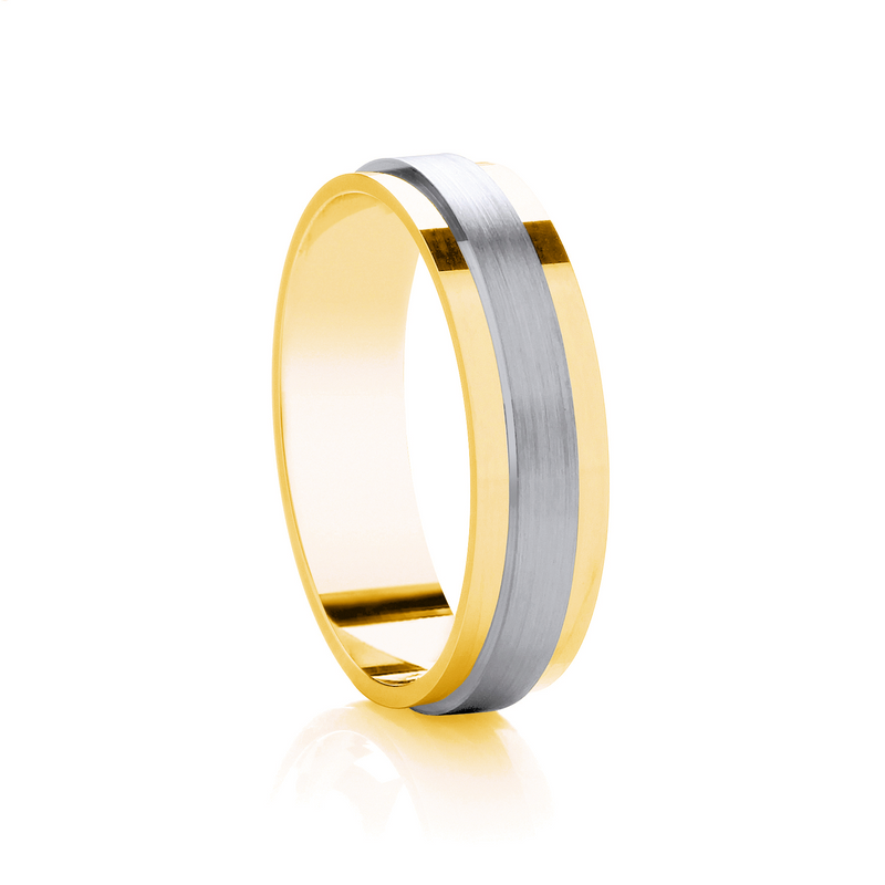 6mm Gents Flat Court Two Tone 9ct White Gold and Yellow Gold Matt Brushed Finish Wedding Band