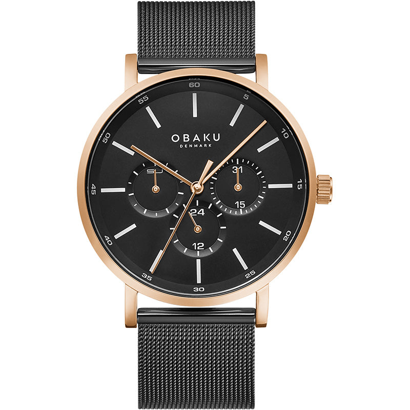 Gents Black and Rose gold, Mesh Strap, Chronograph Dial Obaku Watch 