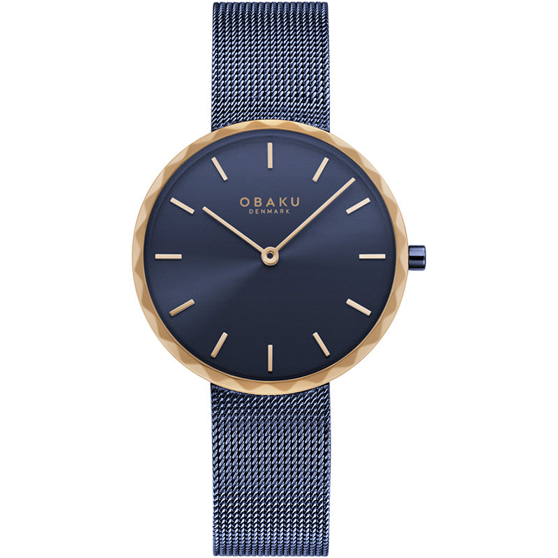 Gents Navy and Rose Gold Round Face Mesh Strap Obaku Watch