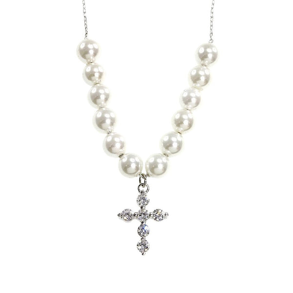 Sterling - Silver - And - Pearl - Necklace - with - a - CZ - Cross - Pendant