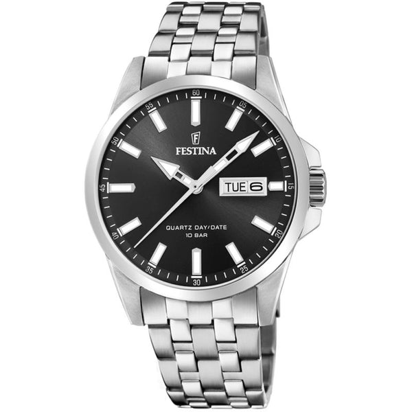 GENTS SILVER STAINLESS STEEL ROUND BLACK FACE - DAY - DATE - DISPLAYED - FESTINA - WATCH