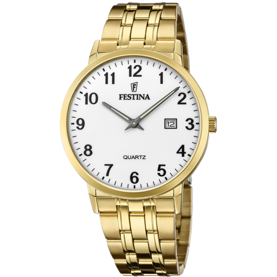 Festina - stainless steel - gold - plated - gents - round - white - face - watch