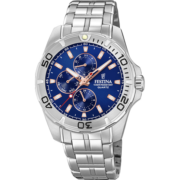 FESTINA - GENTS - SILVER - STRAP - BRACELET - WATCH - NAVY AND ROSE GOLD - FACE - CHRONOGARPHIC DIAL