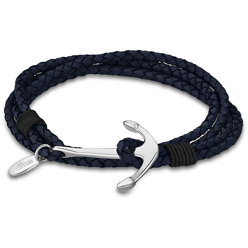 Lotus Men Stainless Steel & Navy Leather Double Bracelet