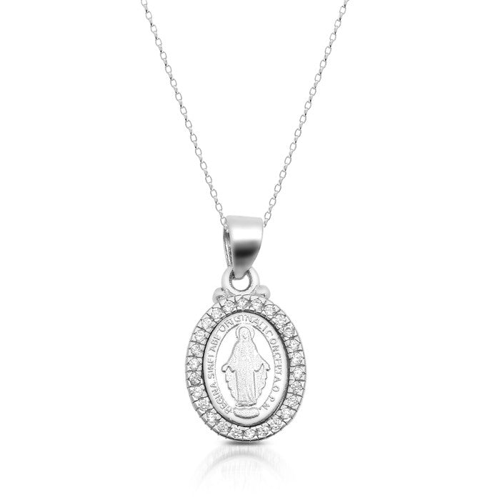 Silver Sparkly Petite Miraculous Medal and Chain